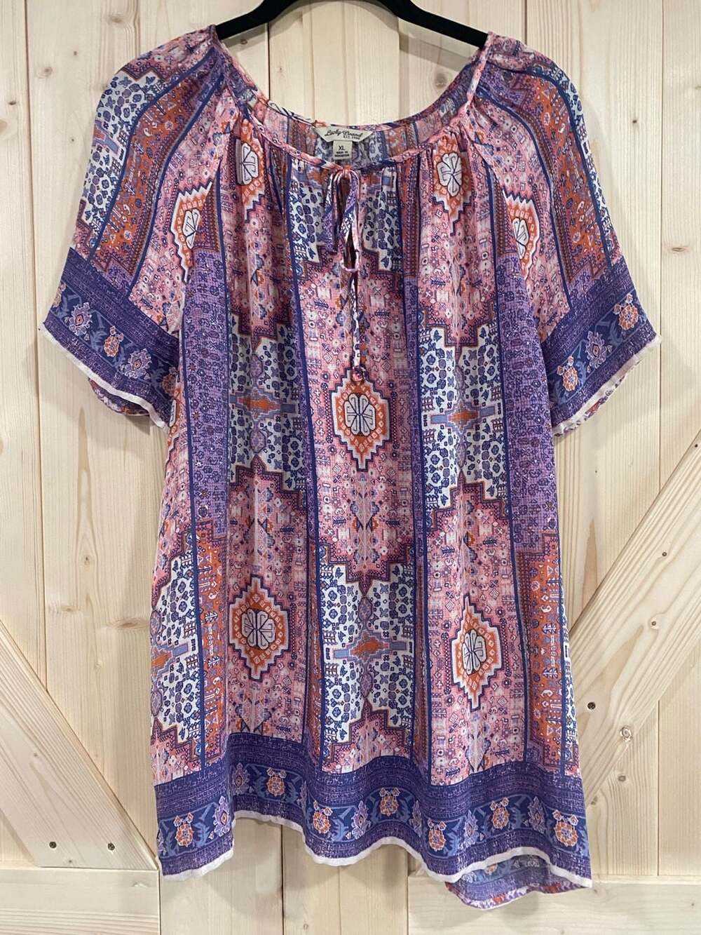 Lucky Brand Tapestry Print Blouse Size XL Purple Pink Scarf Boho Top